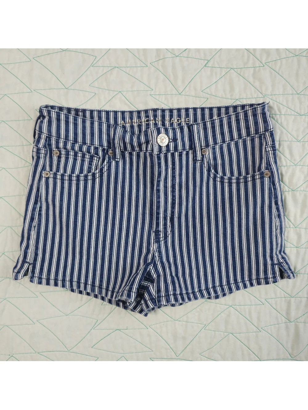 American Eagle Blue White Striped Stretch High Rise Shortie Shorts